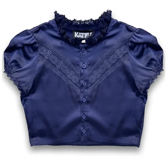 Katie J NYC Navy Satin Blouse - Picture 1 of 4